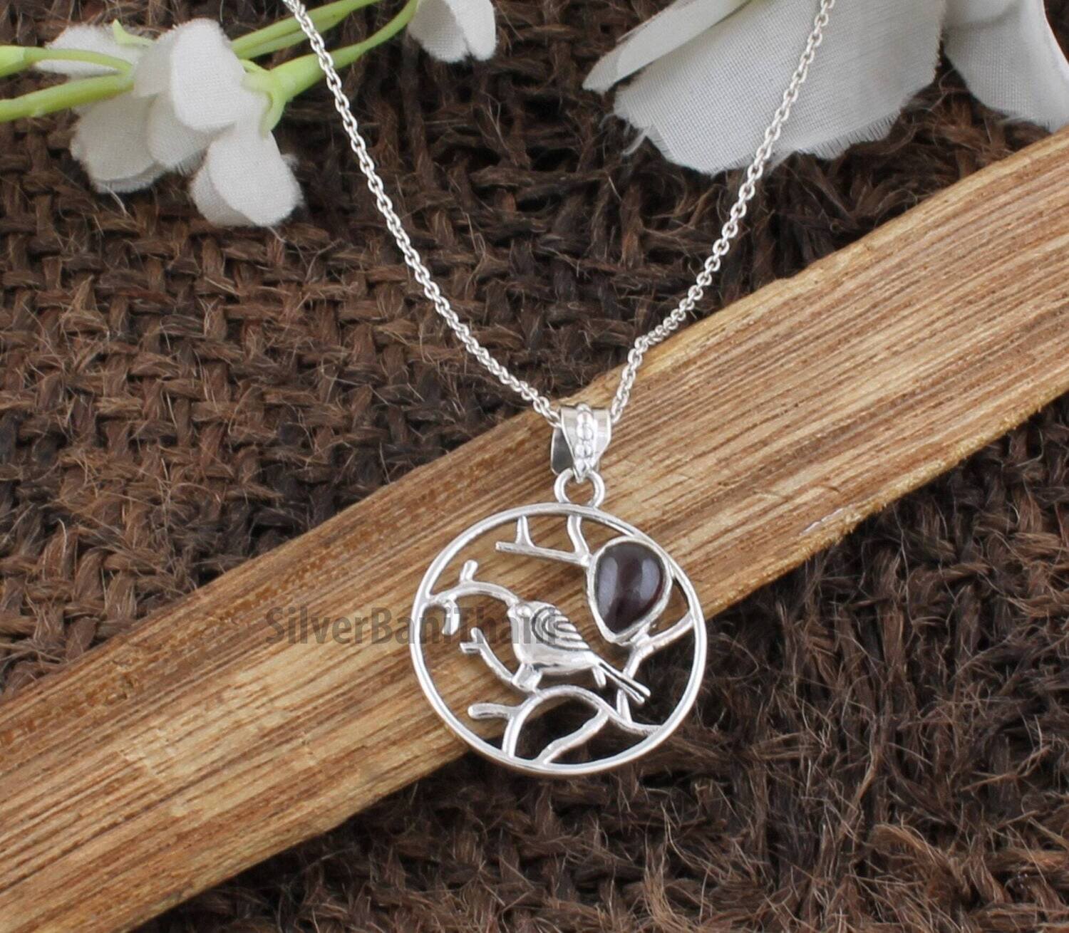 Silver Bird On Branch Round Silver Pendant Necklace | Handmade 925 Sterling Silver  Garnet Gemstone Pendant | Valentine's Day Jewelry