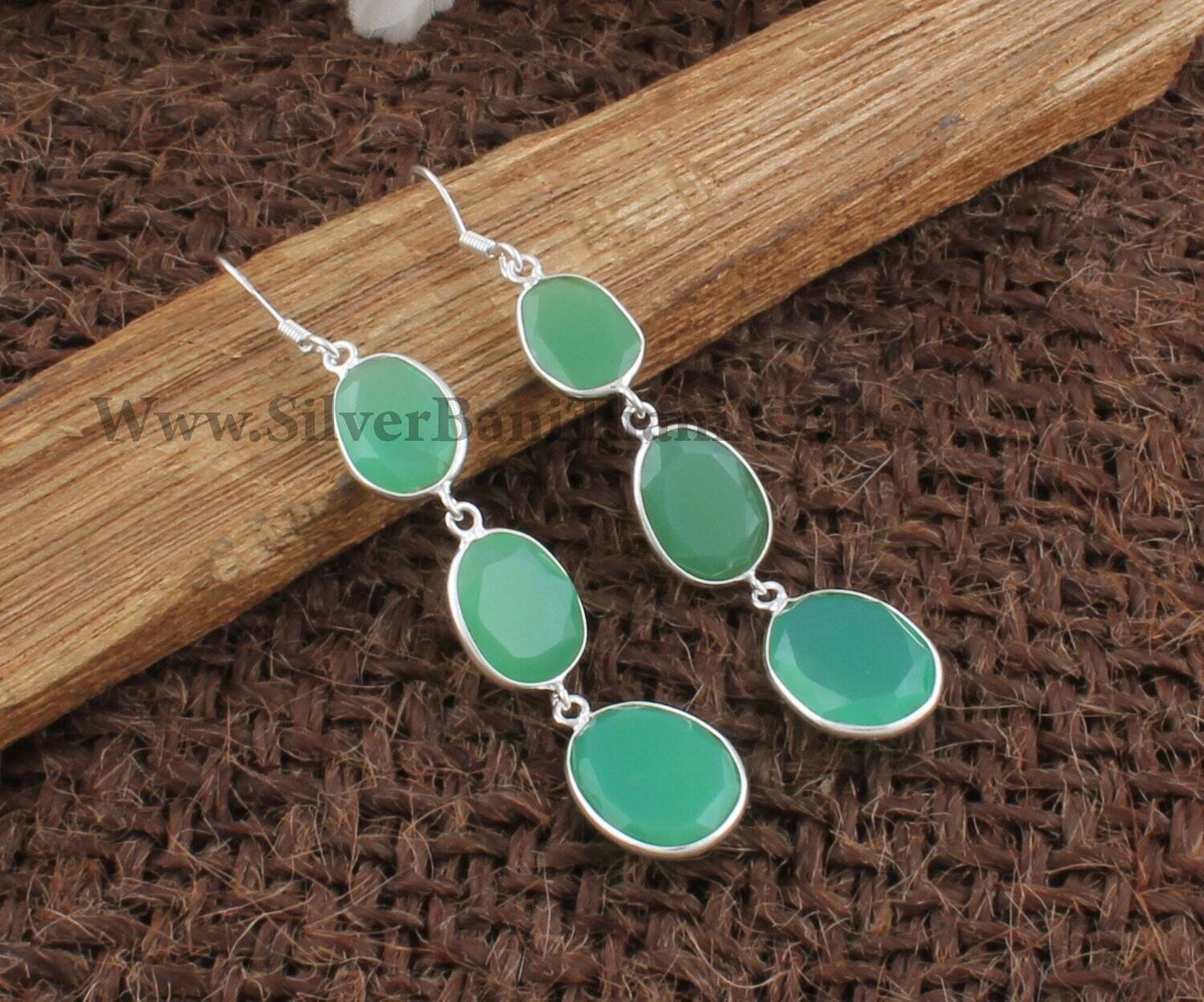 Green Chalcedony Gemstone Silver Earrings | 925 Sterling Silver Faceted Cut Stone Earrings | Designer Bezel Set Earring | Mother's Day Gift