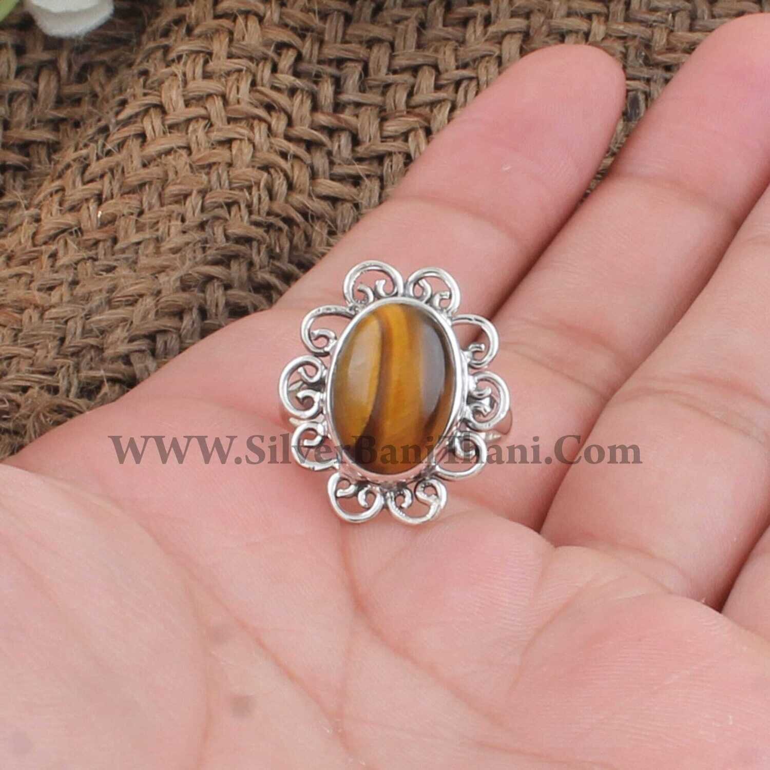 Tiger Eye  Gemstone Silver Ring | 925 Sterling Silver Oval Stone Ring | Designer Handmade Ring | Bridal Wadding Jewelry | Boho Jewelry Gift.