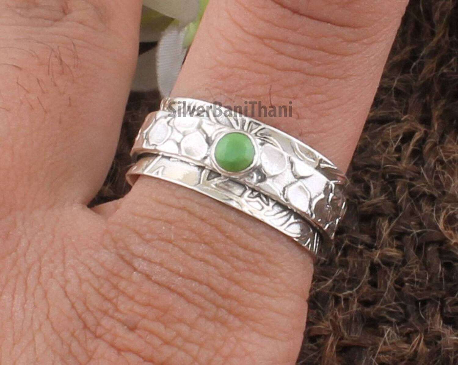 Designer Carved Silver Green Stone Spinner Ring | 925 Sterling Silver Handmade Gemstone Meditation Ring | Women Jewelry Valentine's Day Gift