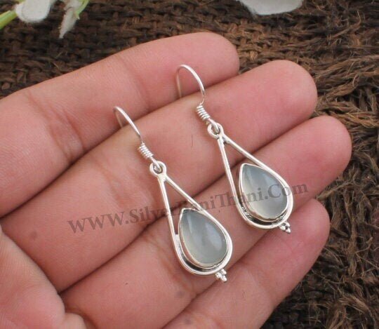 Aqua Chalcedony Silver Earrings | 925 Sterling Solid Silver Earrings | Designer Pear Gemstone Earrings | Handmade Jewelry | Women Earrings