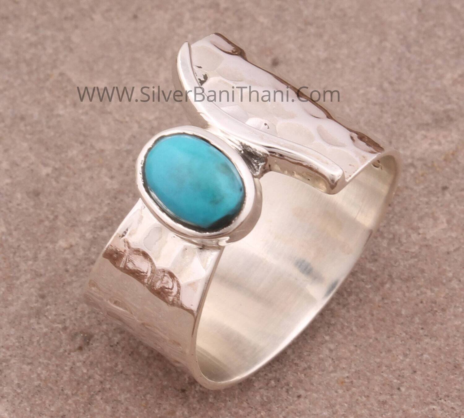 Turquoise Gemstone Ring | 925 Sterling silver Turquoise Ring | Sleeping Beauty Ring | Handmade Silver Ring | Wide Band Hammered Ring Gifts