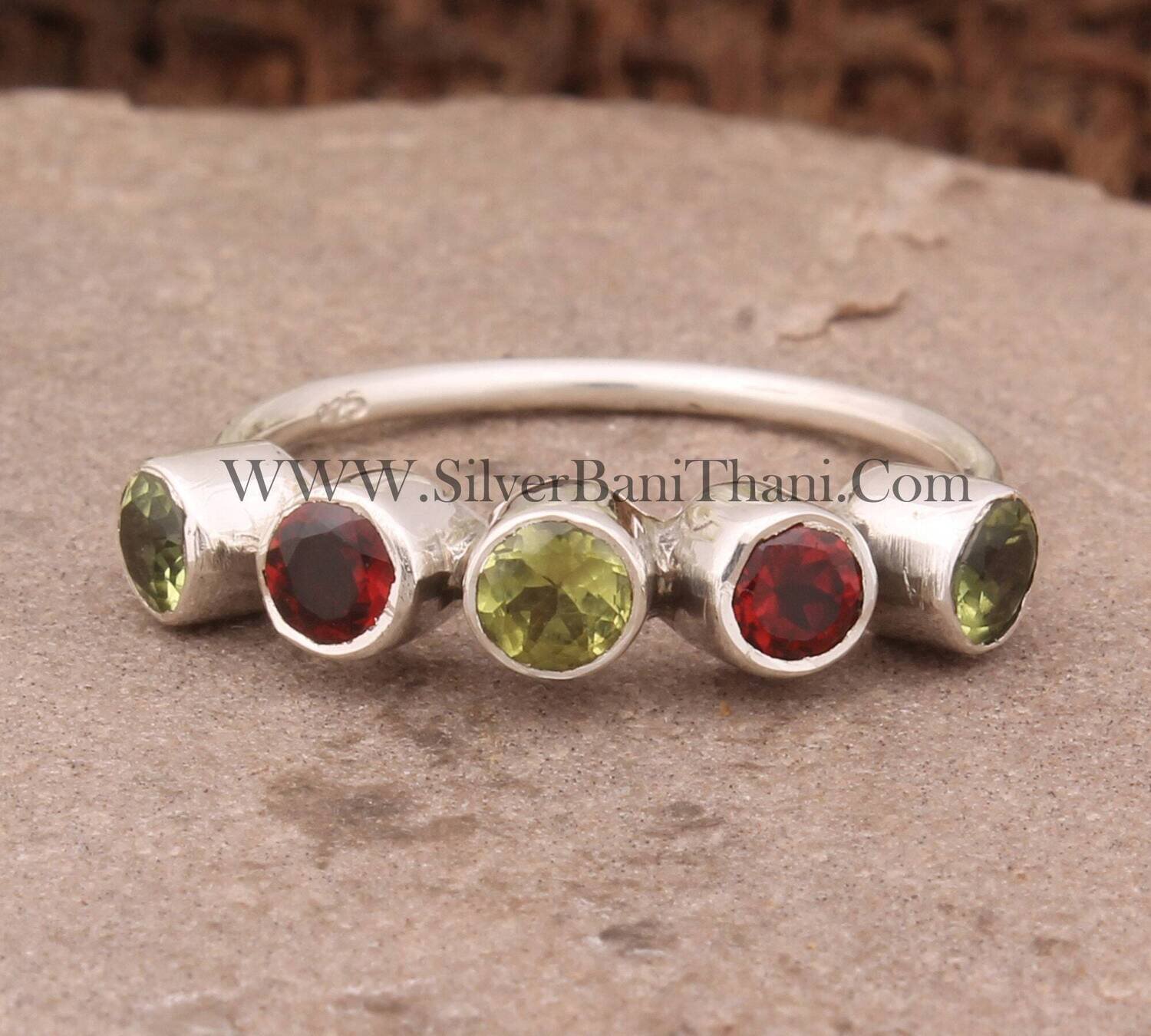 Garnet &amp; Peridot Solid 925 Sterling Silver Ring For Women, Handmade Round Cut Five Stone Band Ring Gifts Idea For Her Birthday Birthstone