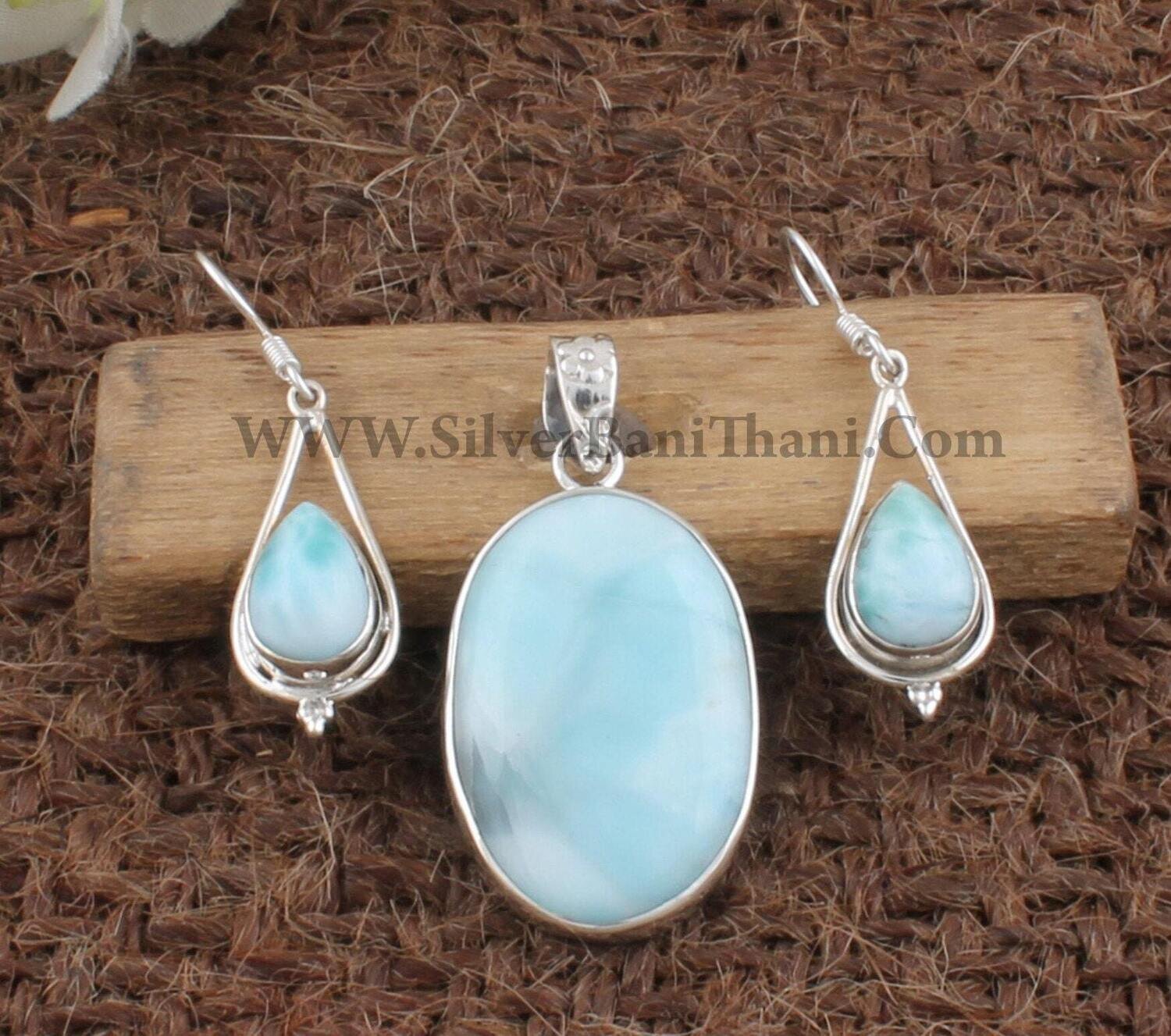 Natural Larimar Gemstone Silver Jewelry Set | 925 Sterling Silver Cabochon Stone Jewelry Set For Women | Bridal Wedding Jewelry | Gift Idea