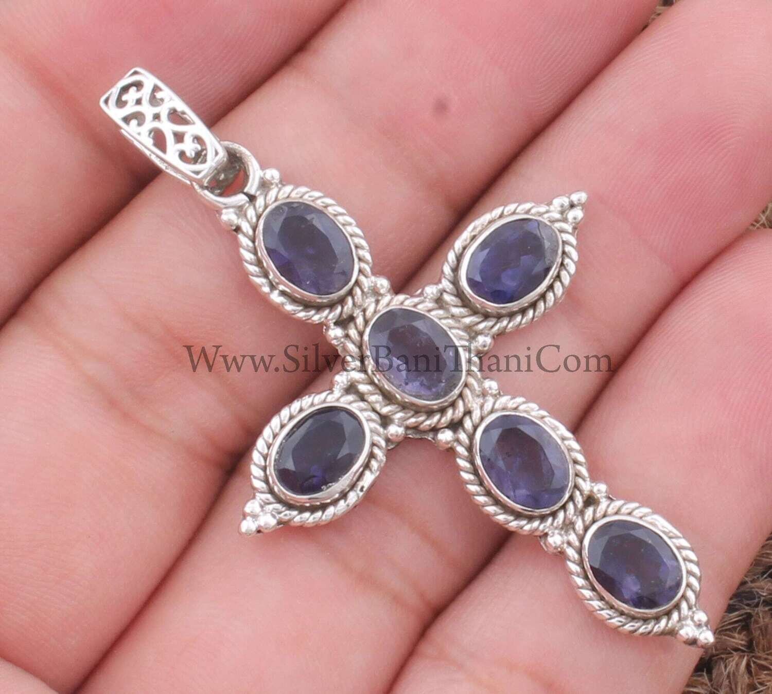 Iolite Gemstone Necklace Pendant 925 Sterling Silver Six Gemstone Pendant Cross Pendant Handmade Women Wedding Jewelry For Women Gifts