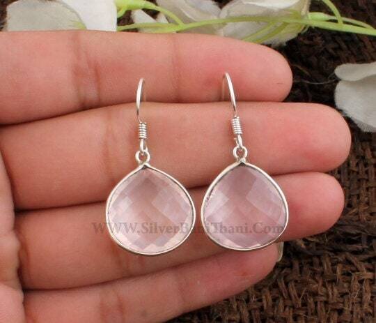 Faceted Rose Quartz Silver Earrings | 925 Sterling Solid Silver Earrings | Bezel Set Heart Gemstone Earrings | Handcrafted Jewelry For Women Weddings Gifts Her