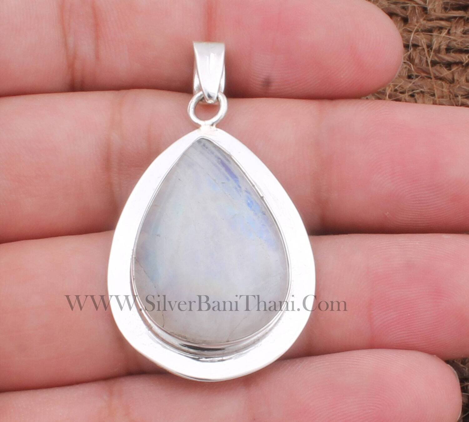 Blue Flashy Rainbow Moonstone Solid 925 Sterling Silver Necklace Pendant For Anniversary Gift | Handmade Women Wedding Silver Jewelry Gifts
