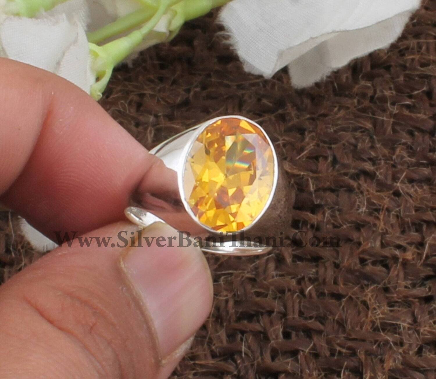 Yellow Cubic Zircon Gemstone Silver Ring | 925 Sterling Solid Silver Citrine Oval Shape Gemstone Ring | Handmade Ring Wedding Jewelry | Gift
