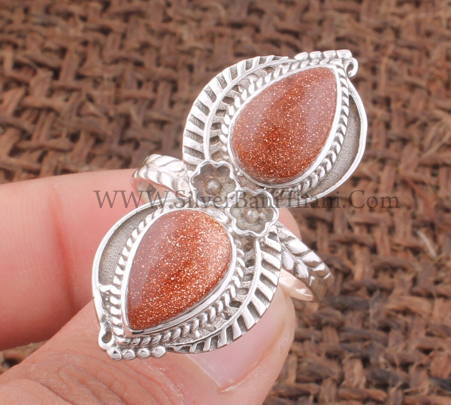 Sunstone Silver Ring | Two Pear Shape Gemstone Ring | Handmade Carved Leaves Silver Ring | Designer Band Ring |  Women Wedding Jewelry Gift