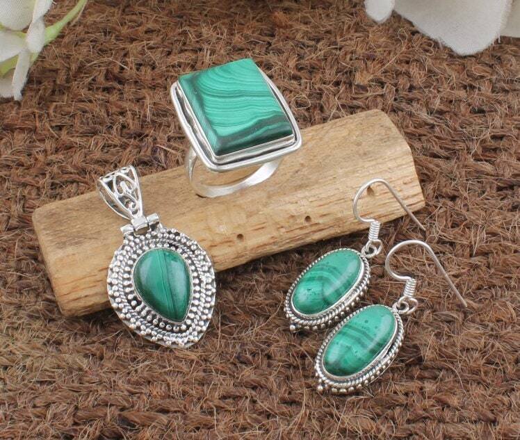 malachite Gemstone Silver Jewelry Set | 925 Sterling Silver Jewelry Set For Women | Present For Her| Handmade Wedding Jewelry | Gift
