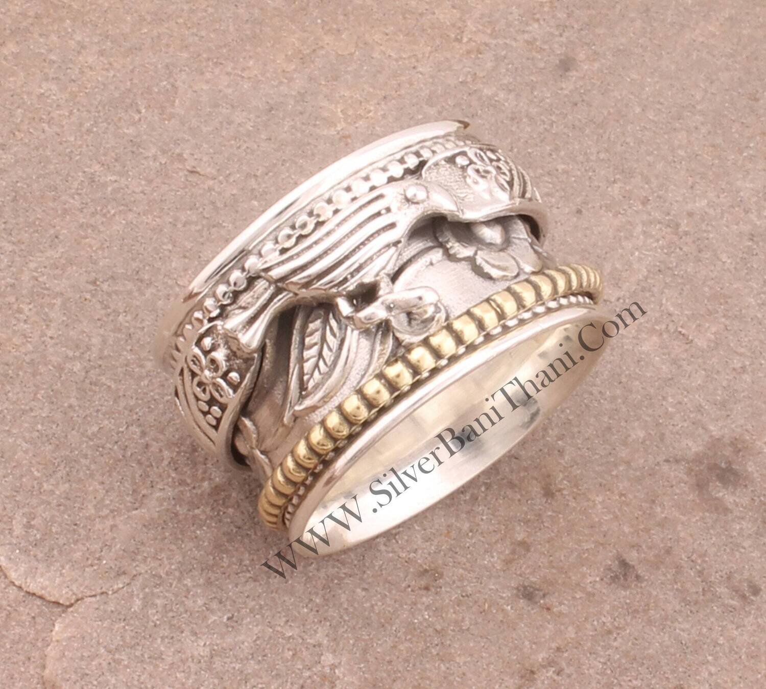 Boho Fidget Ring Birds Silver Flower Vine Spinner Ring Solid 925 Sterling Silver Band Ring Feather Ring Ring Two Tone Band Ring Women Gift
