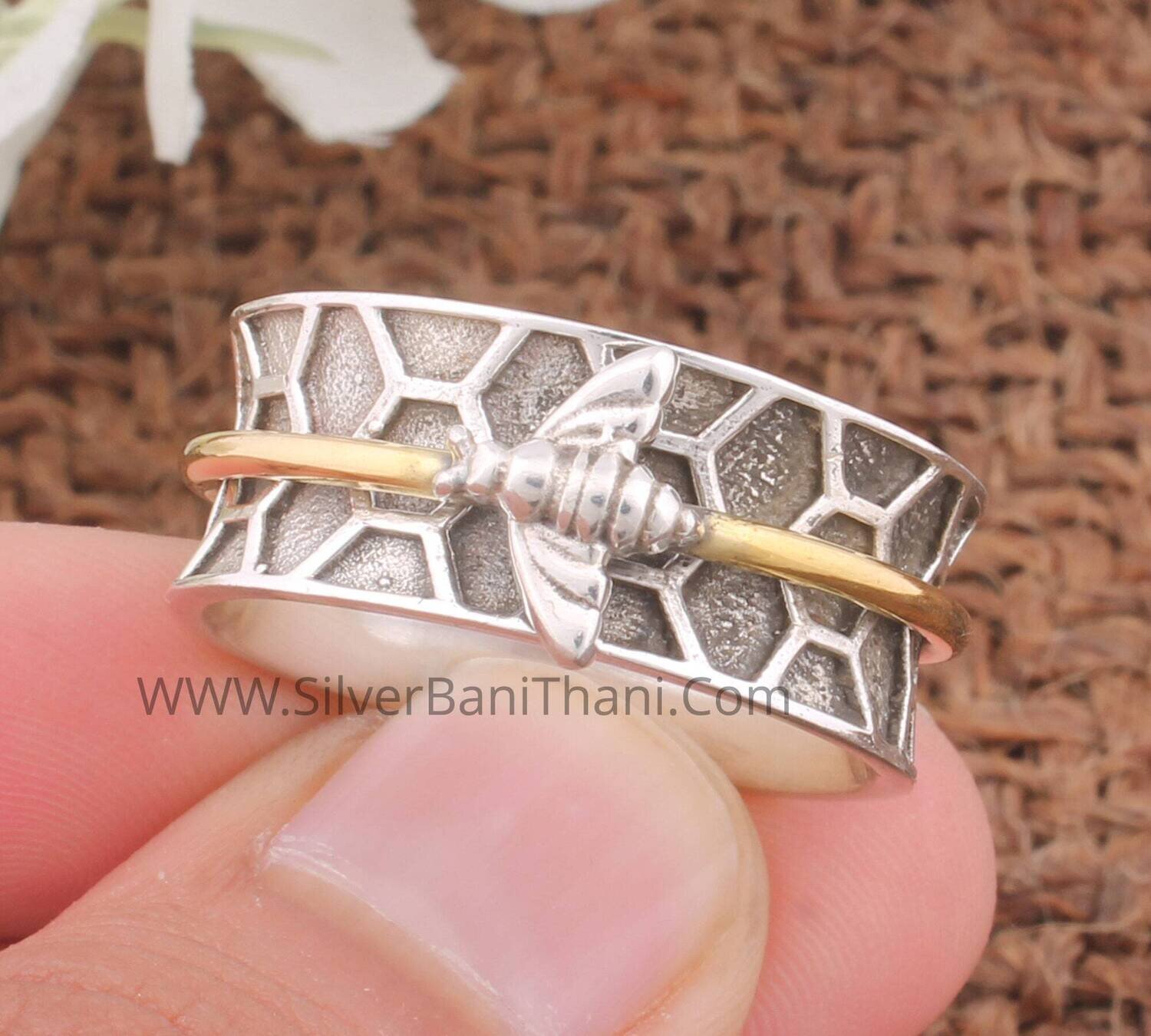 Honey Bee Silver Solid Spinner Ring | Solid 925 Sterling Silver Band Ring | Oxidized Silver Band Ring | Two Tone Band Ring For Women Gift