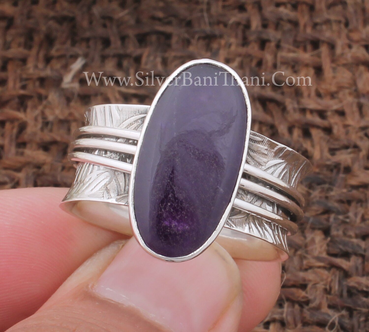 Purple Jade Spinner Ring 925 Sterling Silver Spinner Ring Fidget Ring Sterling Silver For Women Meditation Spinning Wide Band Anxiety Ring.