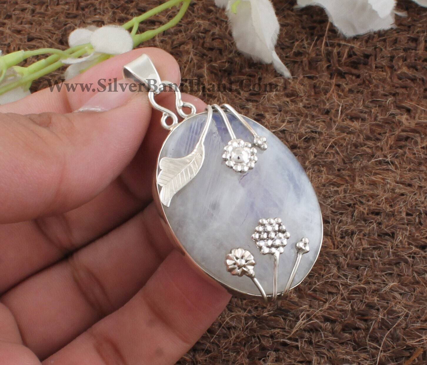 Natural Rainbow Moonstone Silver Necklace Pendant | 925 Sterling Silver Oval Shape Pendant | Designer Flower Bridal Wedding Jewelry | Gift