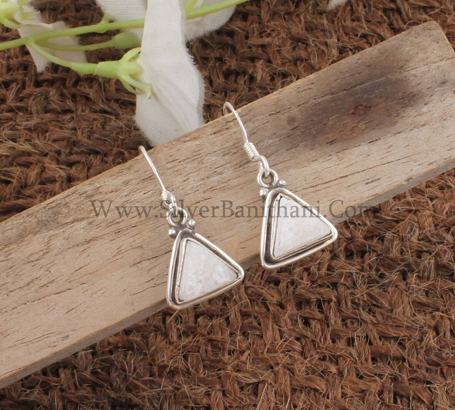 White Druzy Silver Earrings | 925 Sterling Solid Silver Earrings | Designer Triangle Gemstone Earrings | Handmade Women Jewelry For Women