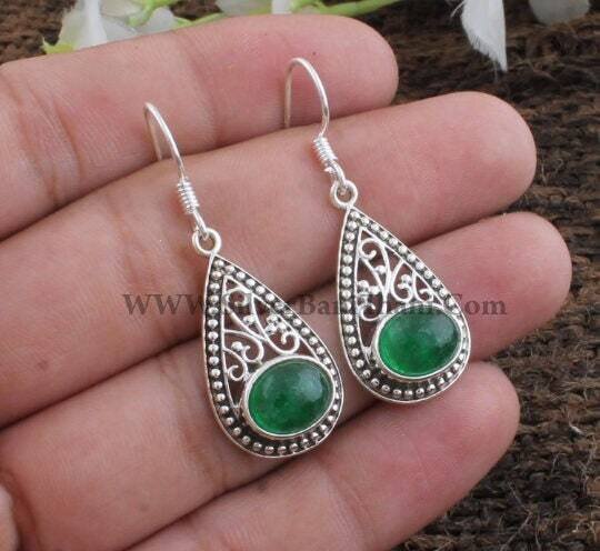 Green Jade Gemstone Earrings | 925 Sterling Silver Oval Shape Stone Earring | Filigree Design Handmade Earrings | Women Wedding Jewelry Gift