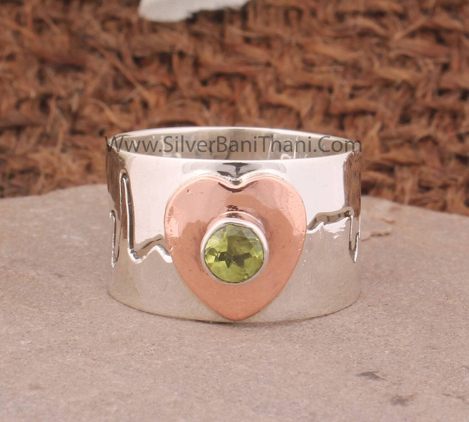 Peridot Stone Band Ring | 925 Sterling Silver &amp; Brass Round Cut Gemstone Ring | Engraved Heart Beat Silver Jewelry For Women Gift