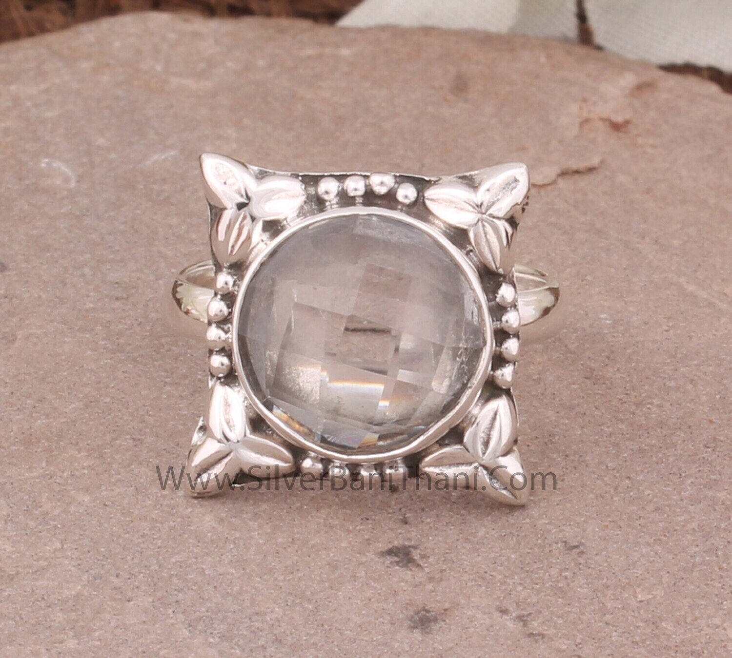 Crystal Quartz Silver Ring | 925 Sterling Solid Silver Ring | Crystal Quartz Cushion Shape Gemstone Ring Women Wedding Jewelry Gift