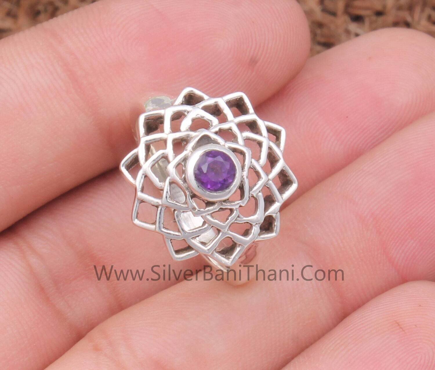 Chakra Flower  Amethyst Solid 925 Sterling Silver Ring For Women | Handmade Filigree Solid Silver Band Ring For Anniversary Gift Idea