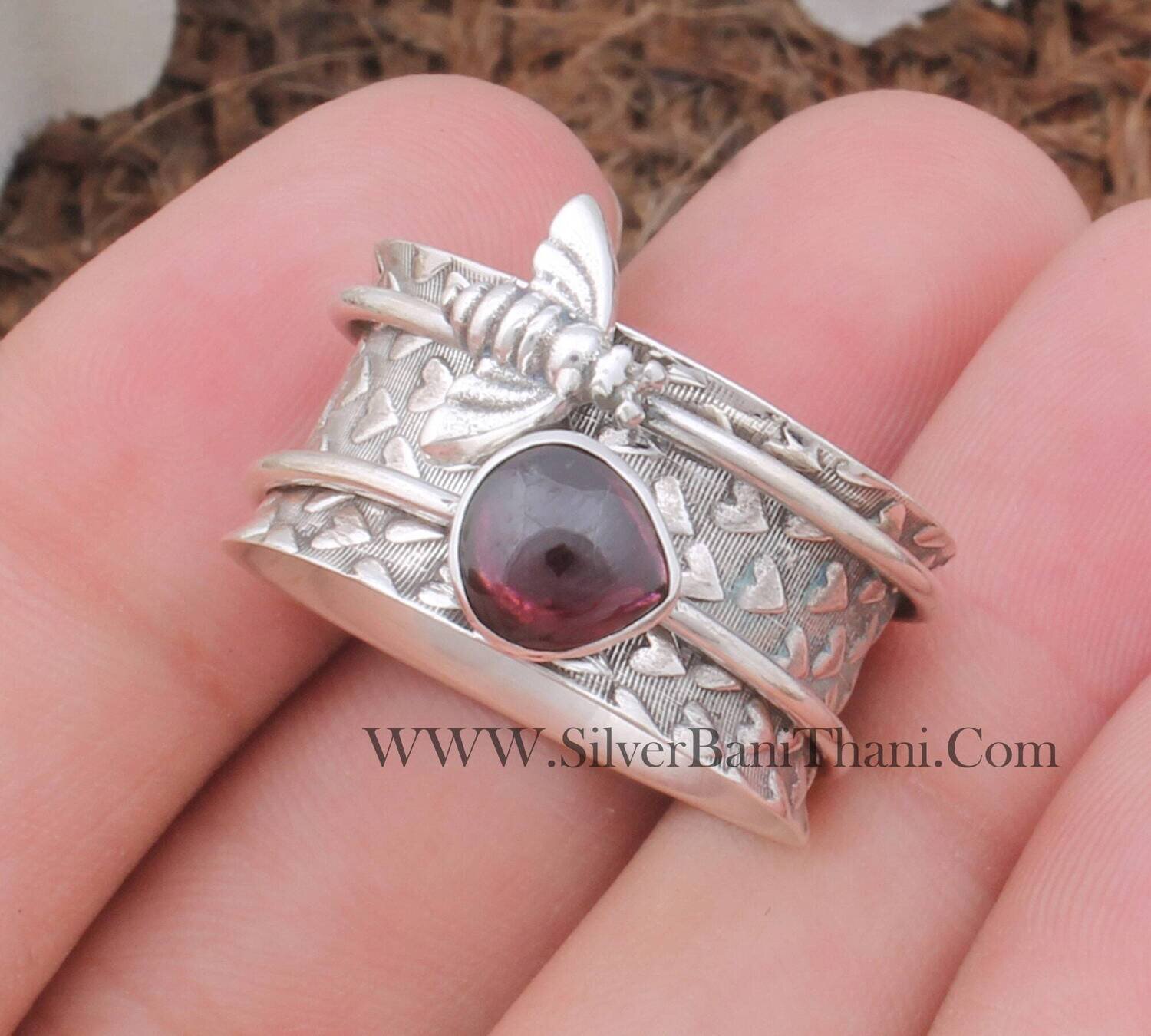 Heart Textured Honey Bee Solid 925 Sterling Silver Red Garnet Spinner Ring Women Handmade Bee Anxiety Fidget Ring January Birthstone Gift