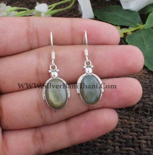 Labradorite Earring-Handmade Design Silver Earring-Oval Cabochon Earring-Silver Jewelry-Opaque Gemstone Earring-Mother Gift Earring-Rustic