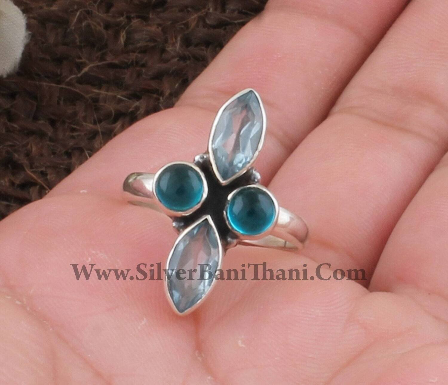 Blue Topaz Gemstone Silver Ring | 925 Sterling Solid Boho Carved Silver Ring | Designer Handmade Jewelry | Boho Women Wedding Jewelry Gift