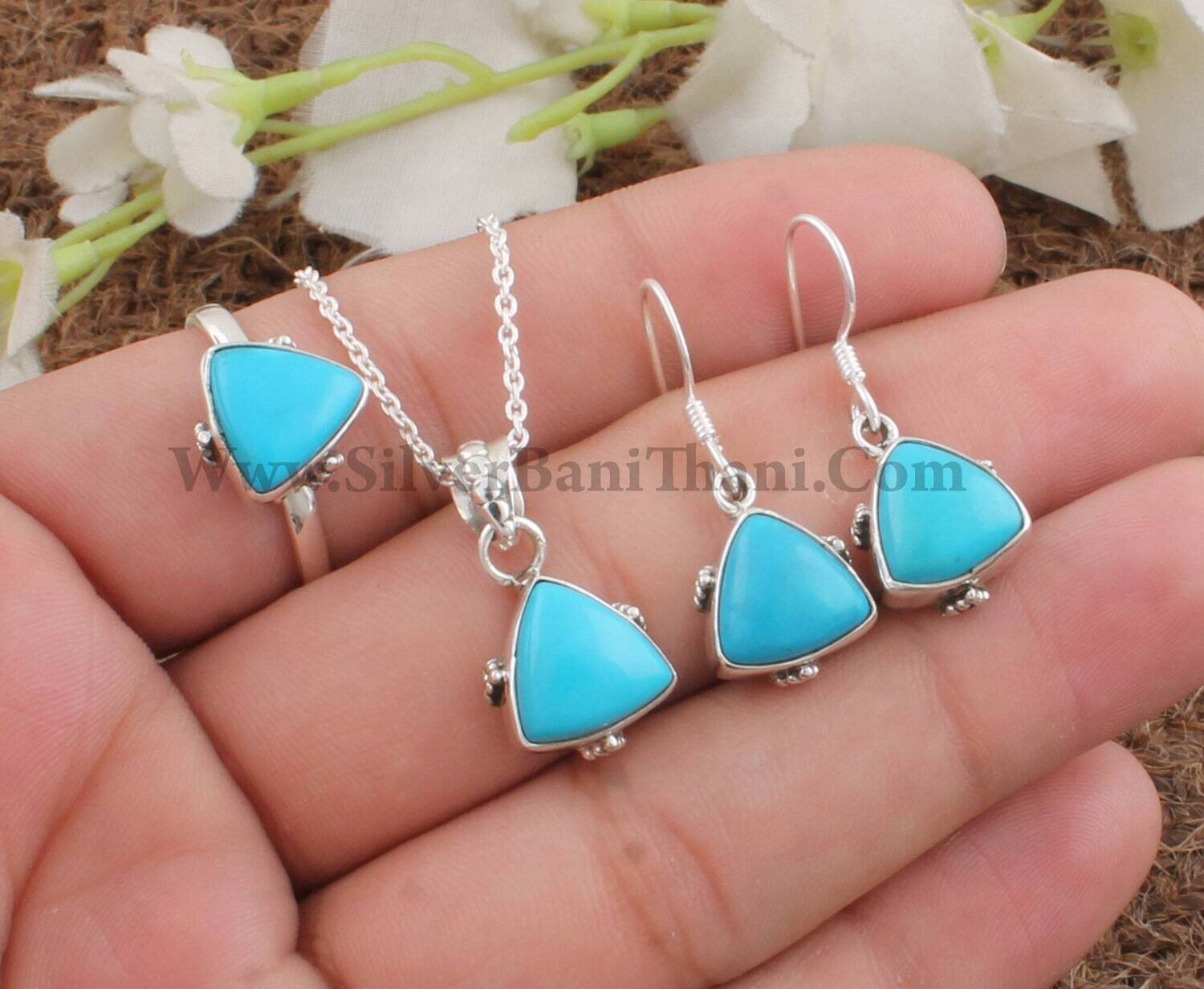 Turquoise Triangle Shape Gemstone Silver Jewelry Set | 925 Sterling Silver Jewelry For Women | Handmade Bridal Wedding Jewelry | Gift Idea