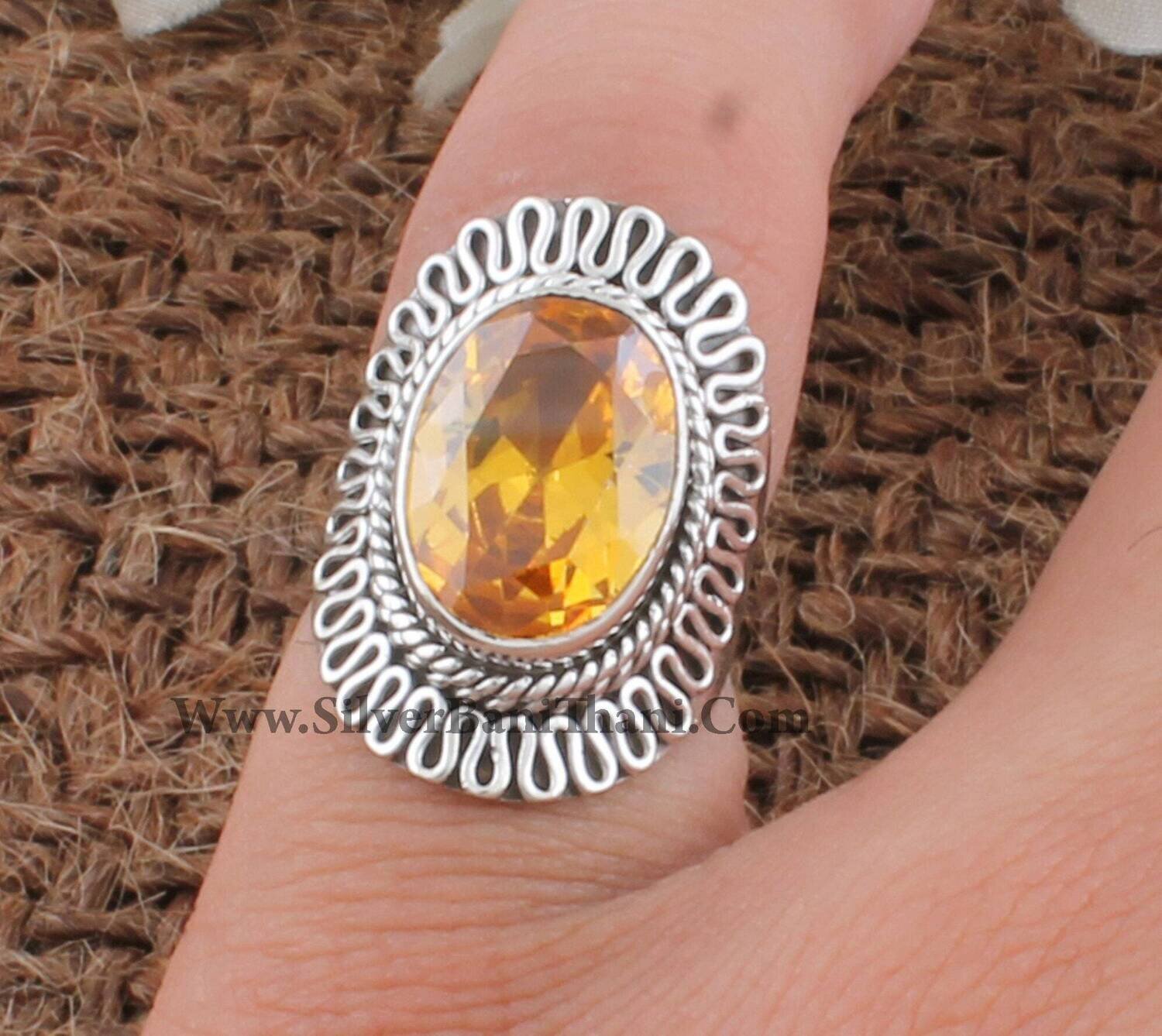 Yellow Cubic Zircon Oval Gemstone Antiqued Silver Ring | Solid 925 Sterling Solid Silver Ring | Handmade Women Wedding Jewelry |Gift For Her