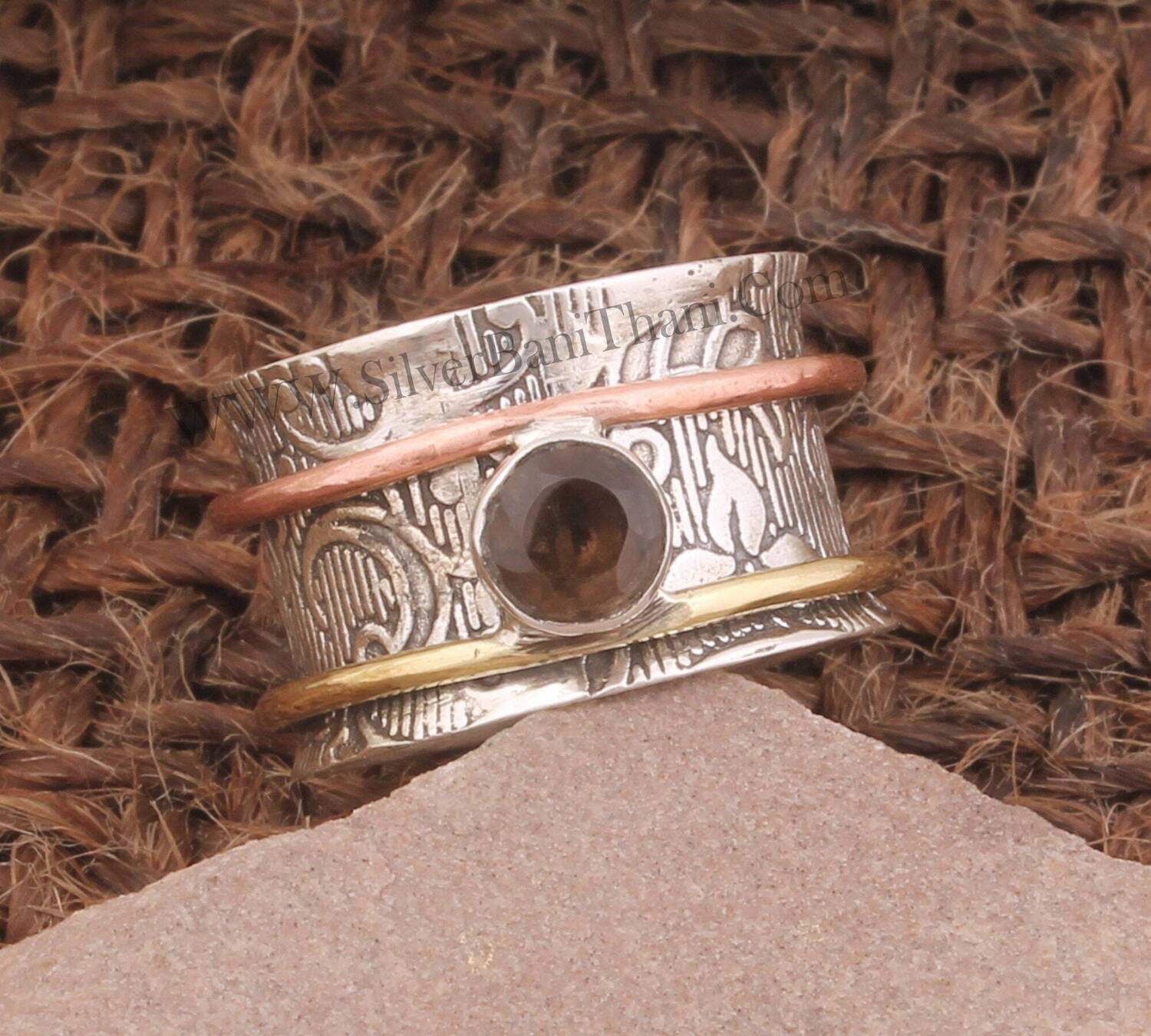 Three Tone  Smoky Quartz Gemstone Silver Spinner Ring | 925 Sterling Silver Faceted Cut Stone Ring | Designer Hand Carved Silver Ring