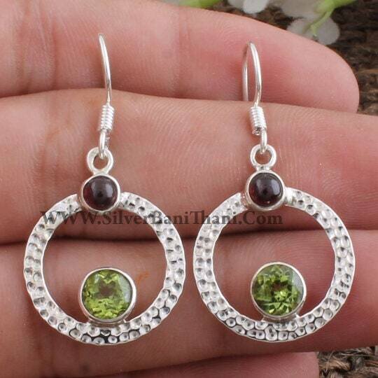 Two Stone Earring-Circle Design Silver Earring-Oval Cut Stone Earring-925 Sterling Silver Earring-Women Gift Earring-Adorable-Rustic-Sales