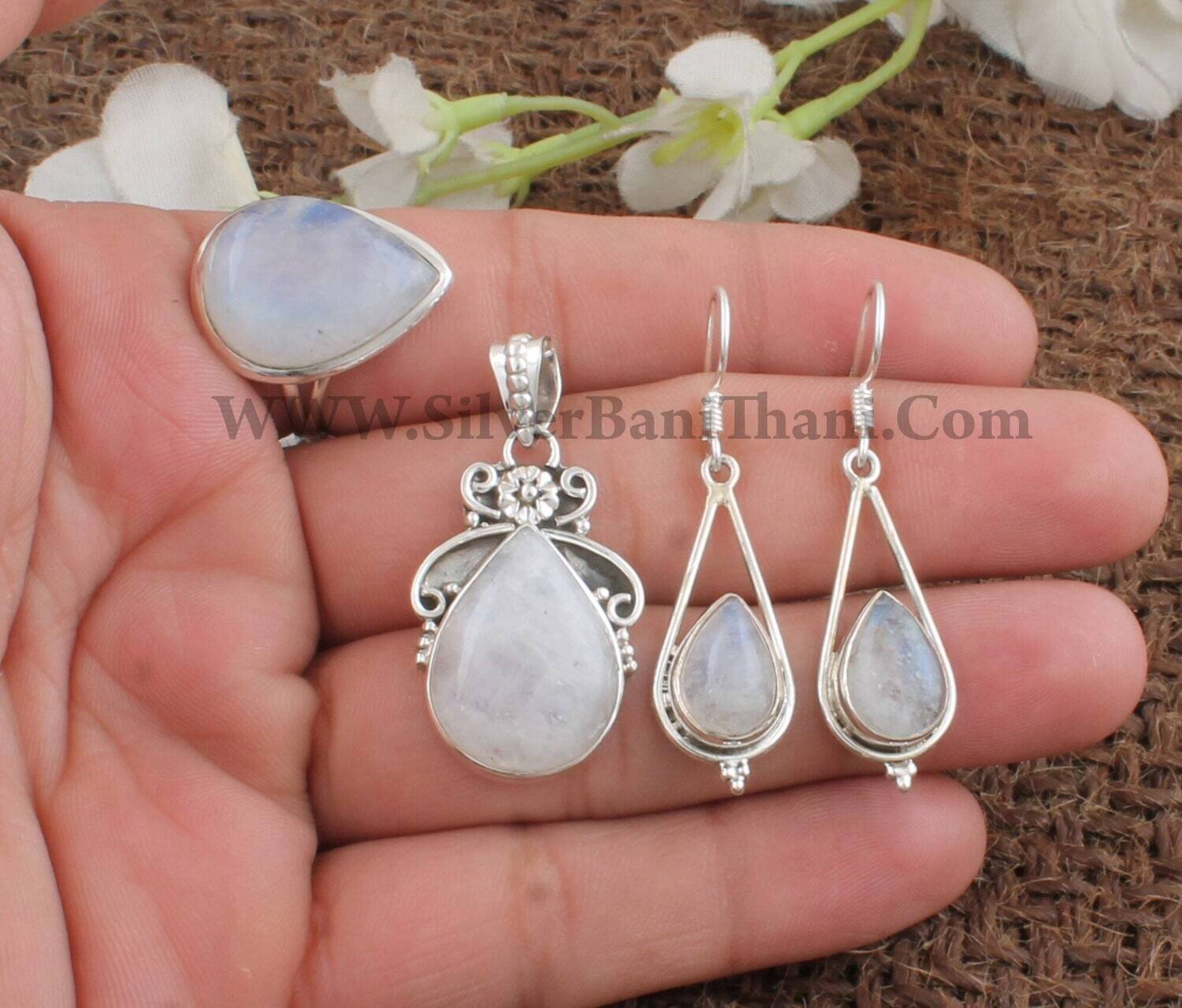 Natural Rainbow Moonstone Silver Jewelry Set | 925 Sterling Silver Jewelry Set For Women | Boho Jewelry Set | Bridal Wedding Jewelry Gift