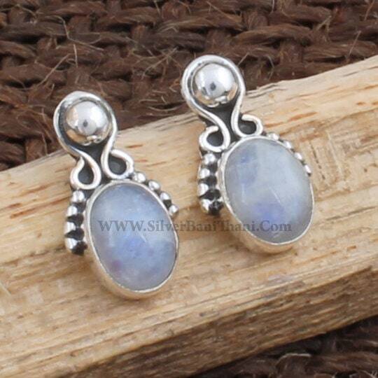 Rainbow Moonstone Tops Earring -  Fire Stone Tops Earring - 925 Sterling Solid Silver Earring - Studs Tops Earring - Gift Item Tops Earring