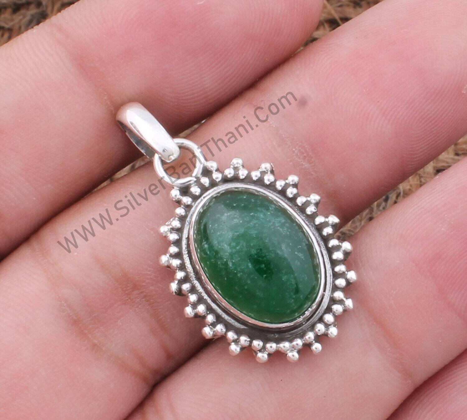 Green Jade Gemstone Silver Necklace Pendant | 925 Sterling Silver Oval Pendants | Handmade Dotted Pendant | Women Wedding Jewelry For Gift