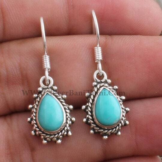 Turquoise Earring-Handmade Design Silver Earring-Pear Shape Stone Earring-Blue Stone Earring-Daughter Birthday Gift Earring-Anniversary-Gift