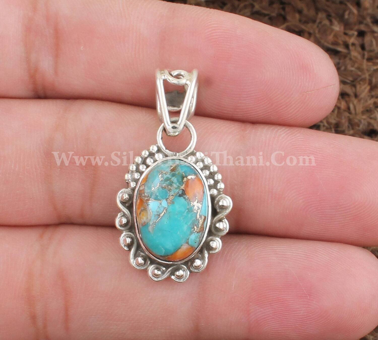 Designer Dotted Oyster Copper Turquoise Gemstone Silver Pendant | 925 Sterling Silver Oval Stone Pendant | Handmade Women Jewelry Women Gift
