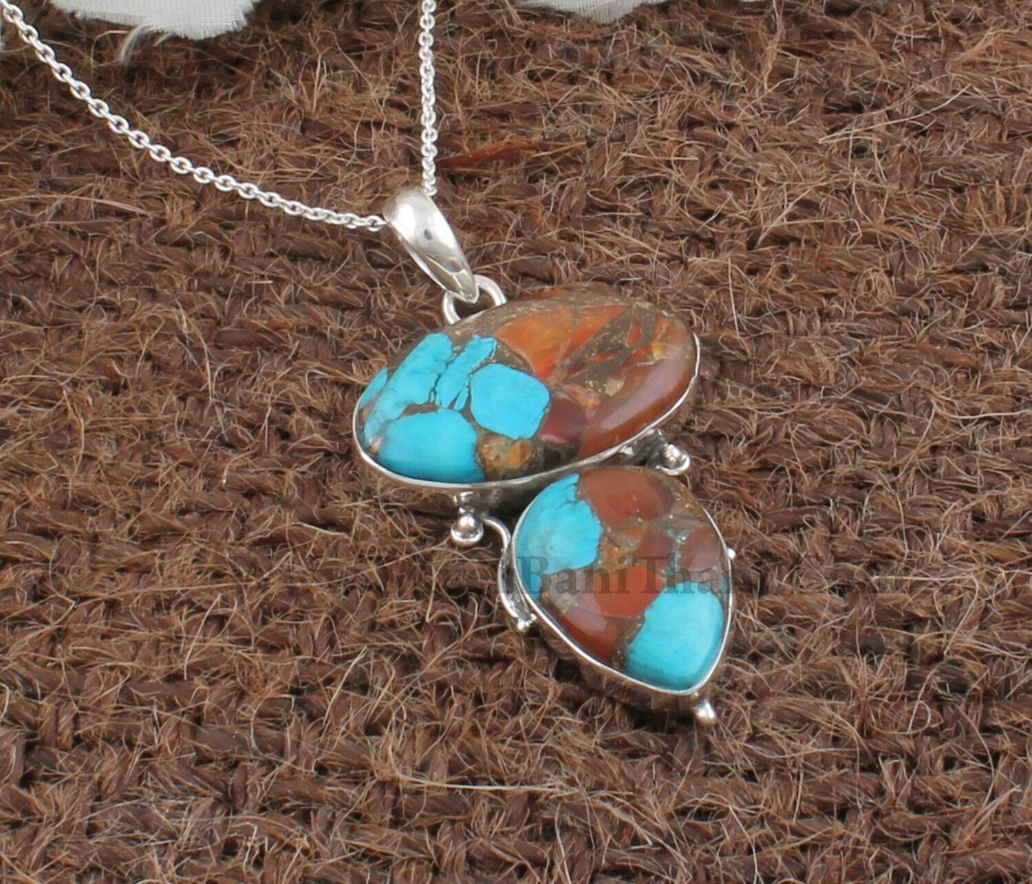 Composite Turquoise Gemstone Silver Necklace Pendant | 925 Sterling Silver Necklace | Handmade Jewelry | Present For Her | Boho Jewelry Girl
