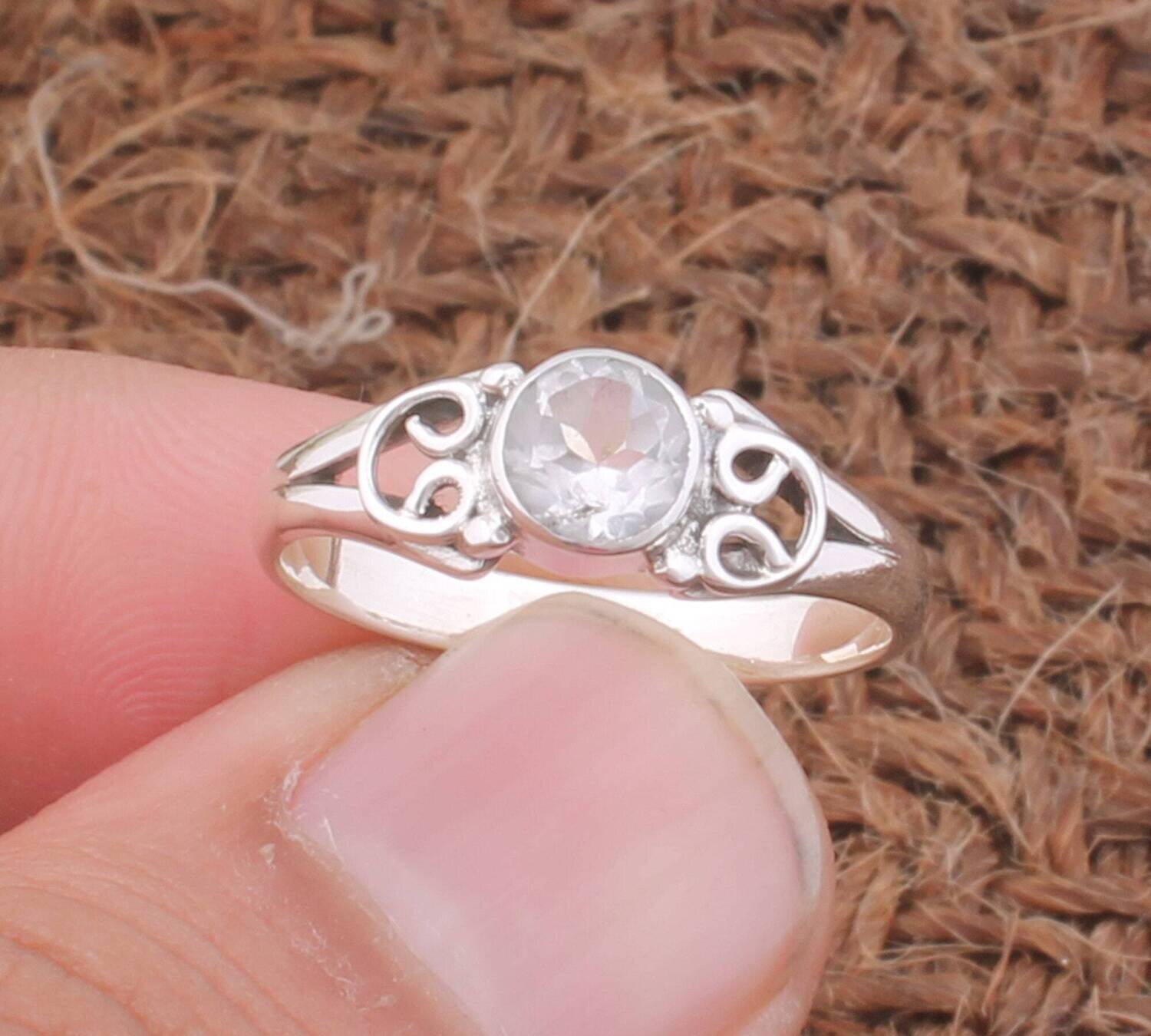 Designer Silver Women Ring |  Crystal Quartz Gemstone Silver Ring | 925 Sterling Solid Silver Faceted Cut Round Shape Stone Ring Gift