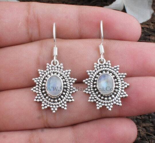 Rainbow Moonstone Earring-Star Design With Oval Stone Semi Precious Earring-925 Sterling Solid Silver Earring-Labour Day Gift Item-Authentic