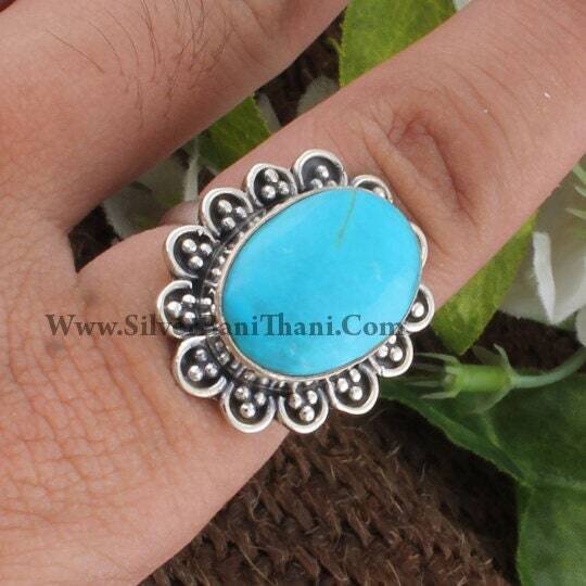 925 Sterling Solid Silver Ring,Oval Cabochon Ring,Middle Finger Ring,Sleeping Beauty Turquoise Gemstone Ring Gift Item Statement Ring2022