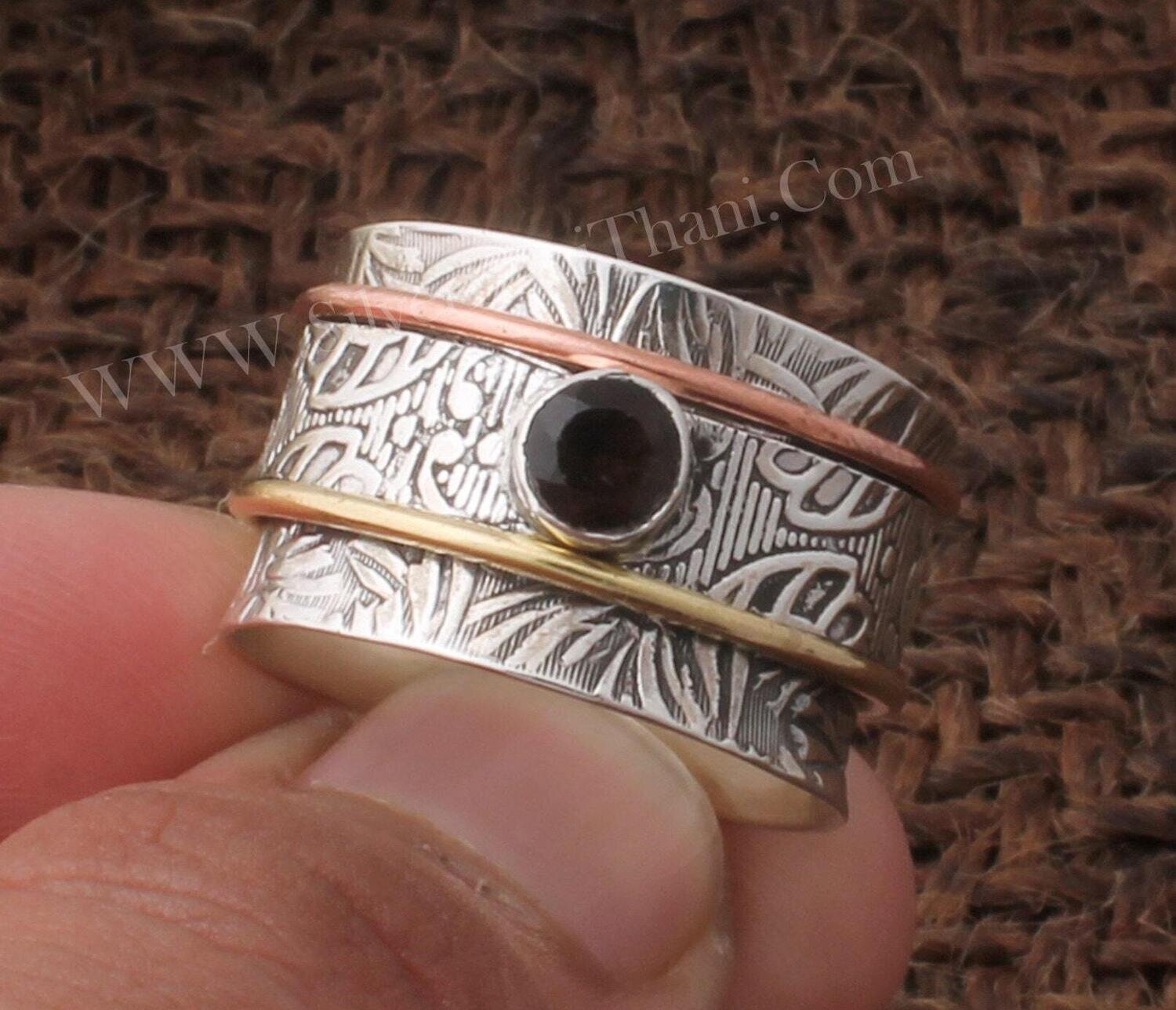 Smoky Quartz Gemstone Silver Spinner Ring | 925 Sterling Silver Faceted Cut Stone Ring | Designer Hand Carved Three Tone Silver Ring