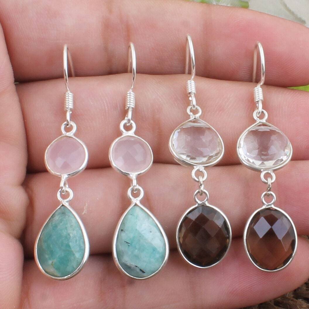 Multi Stone Earrings 925 Sterling Silver Earrings Brazil Earrings,Two Stone Earring Semi Precious Stone Earrings,Gift For HimSolid Silver