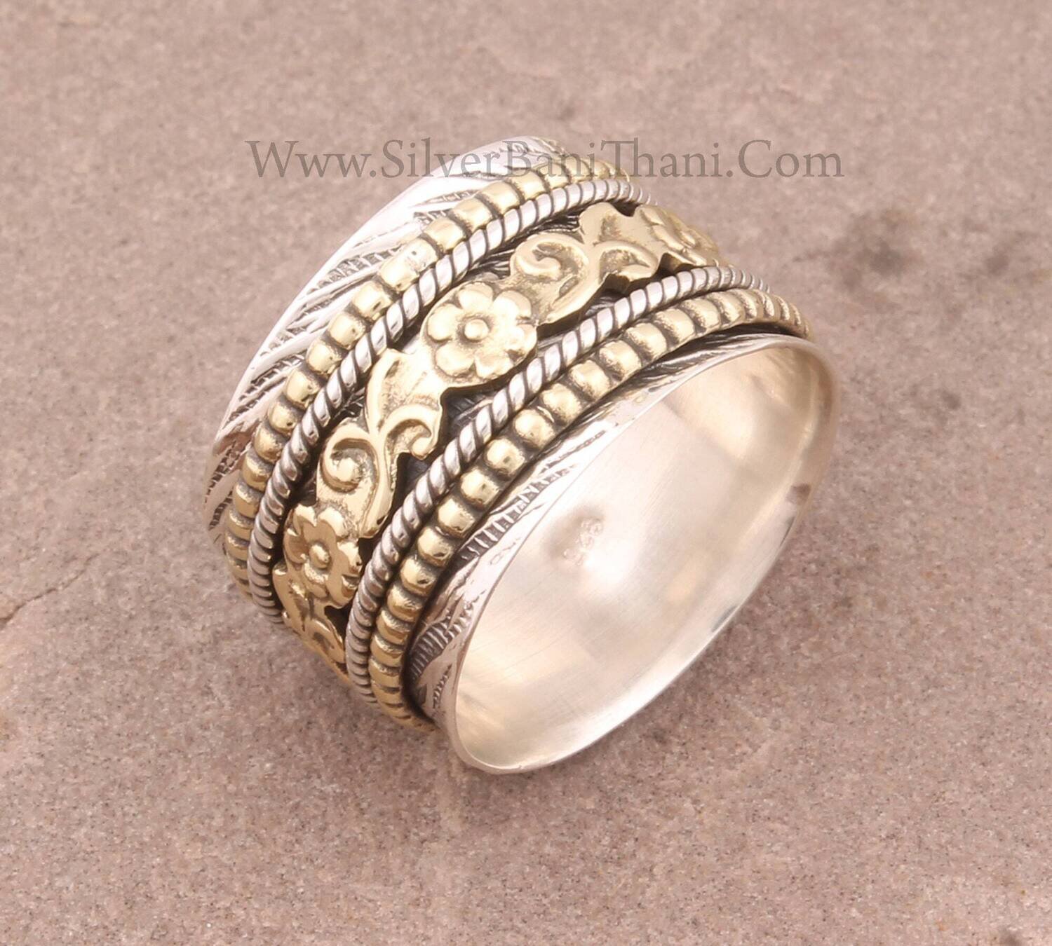Flower Vine Solid 925 Sterling Silver Engraved Band Spinner Ring For Women | Handmade Two Tone Fidget Boho Anxiety Rings For Birthday Gifts