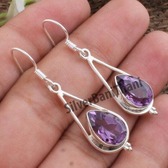 Amethyst Top Quality Gemstone Earring-Pear Shape Cut Stone Silver Earring-Solid Silver Earring-Gemstone Jewelry-Gemstone Earring-Adorable