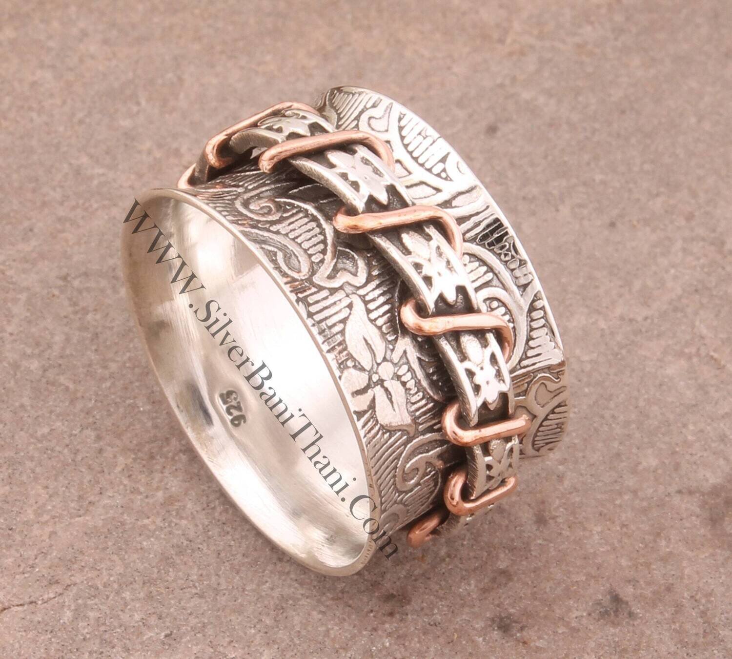 Wire Wrapping Flower Vine Solid 925 Sterling Silver Engraved Spinner Ring For Women Handmade Two Tone Fidget Anxiety Rings For Women Gifts