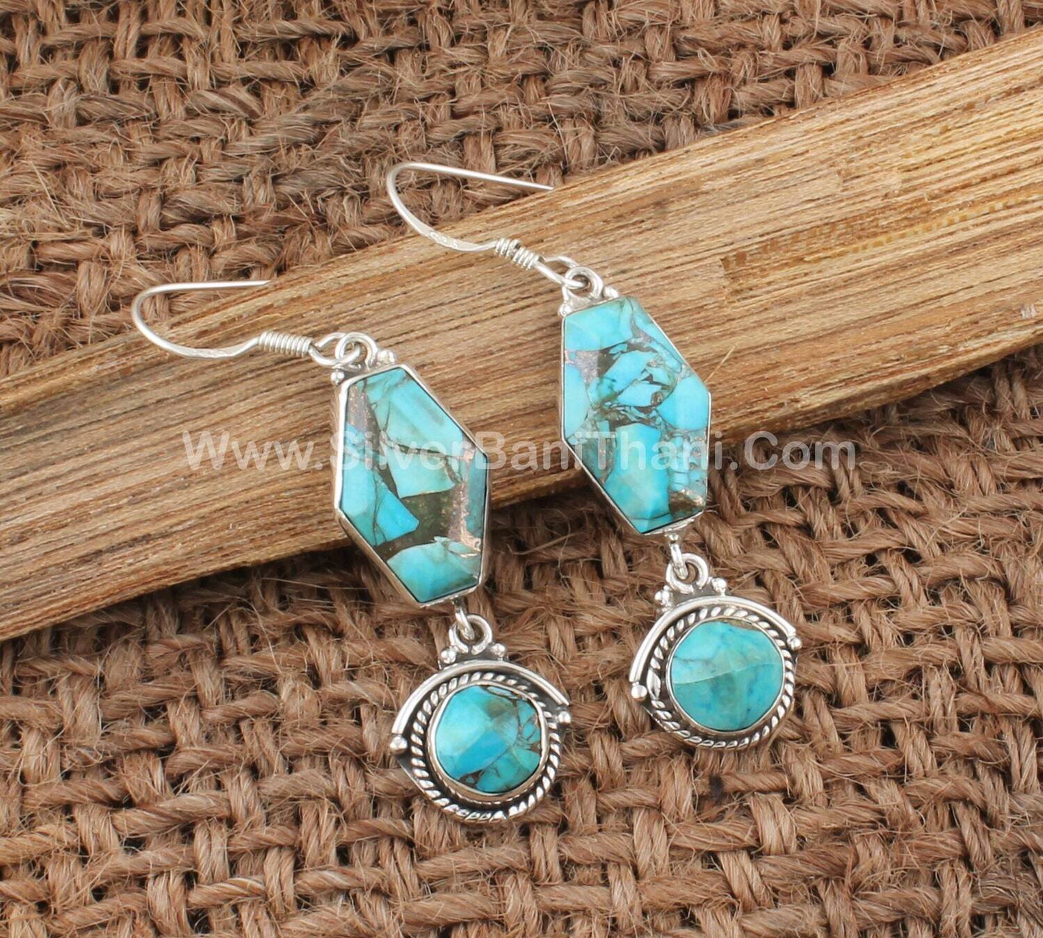 Blue Copper Turquoise Silver Earrings | Handmade Women Wedding Earrings | 925 Sterling Solid Silver Smooth Gemstone Earrings For Women Gift