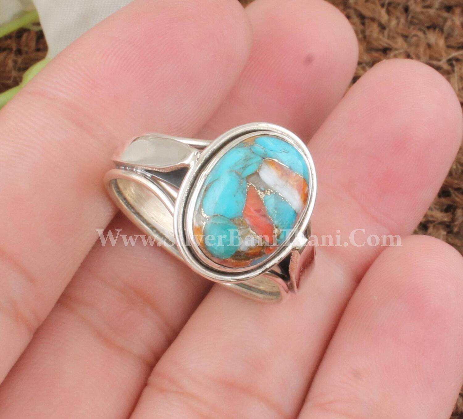 Designer Oyster Copper Turquoise Gemstone Silver Ring | 925 Sterling Silver Smooth Oval Gemstone Ring | Handmade Women Silver Jewelry Gift