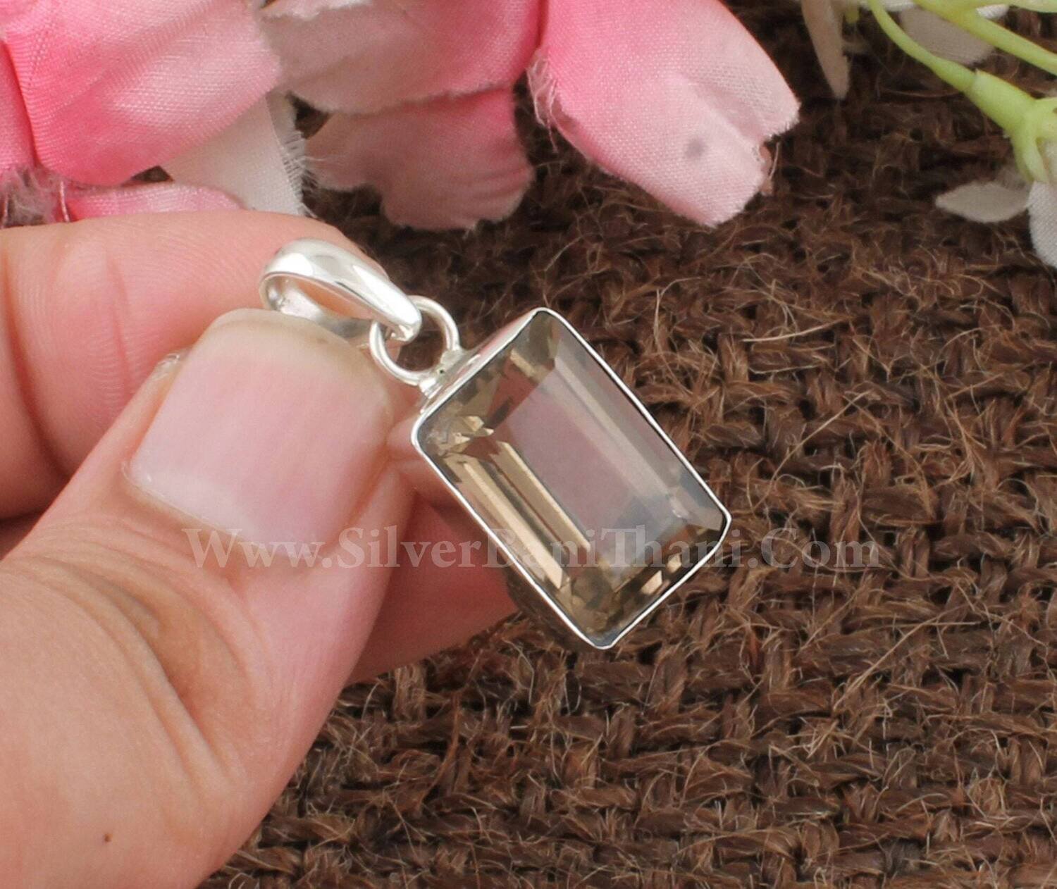 Smoky Quartz Gemstone Necklace Pendant | 925 Sterling Silver Emerald Cut Stone Pendant | Handmade Women Wedding Jewelry | Gift Idea