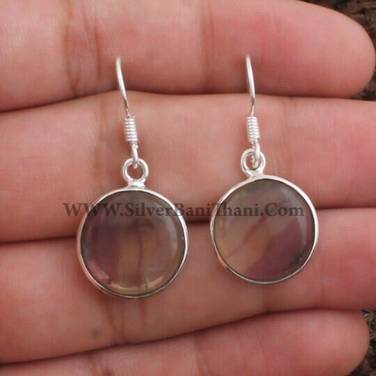 Fluorite Silver Earring - Round Shape Cabochon Earring - 925 Sterling Solid Silver Earring - Handmade Earring - Adorable - Jewelry Healing