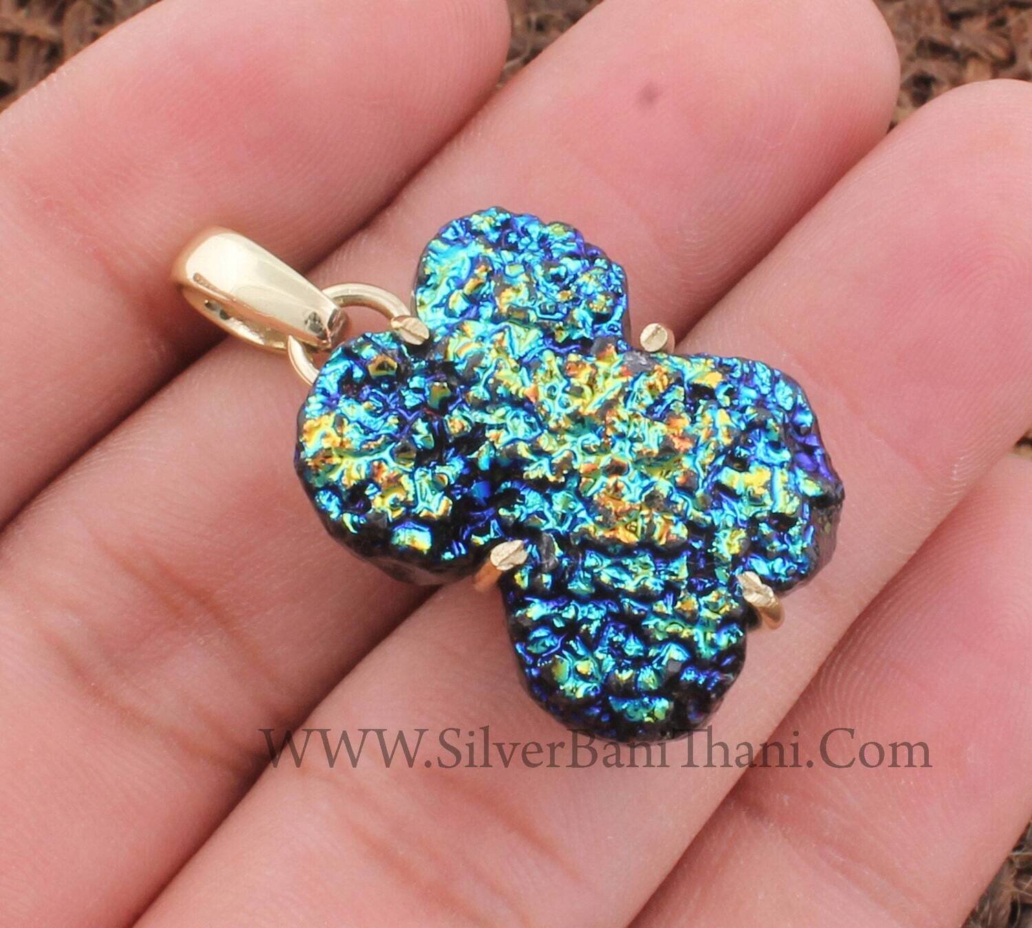 Mix Druzy Prong Set Stone Pendant | 925 Sterling Silver Solid Pendant | Fancy Shape Pendant | Jewelry Gift For Anniversary Gift Weddings Her