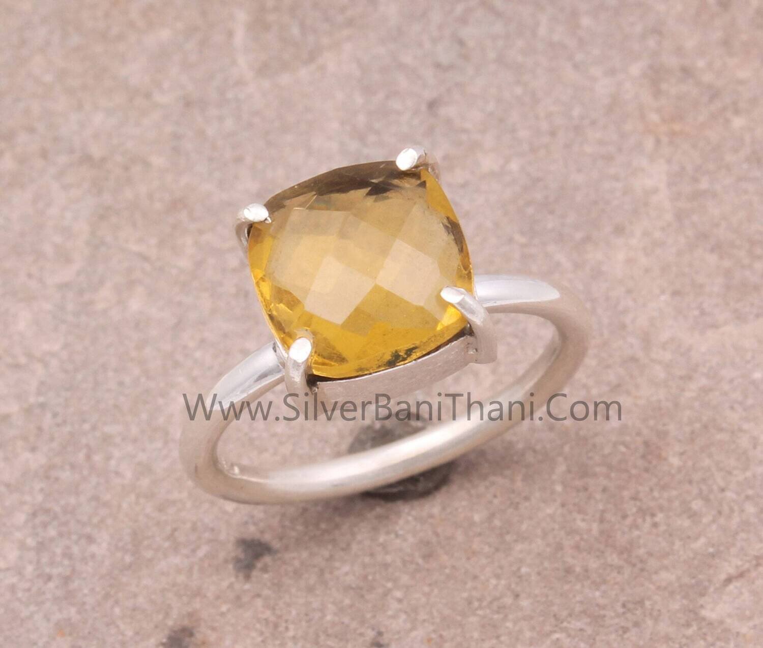 Prong Set Citrine Quartz Solid 925 Sterling Silver Ring For Women | Handmade Cushion Solid Silver Ring For Wedding Anniversary Gifts Idea